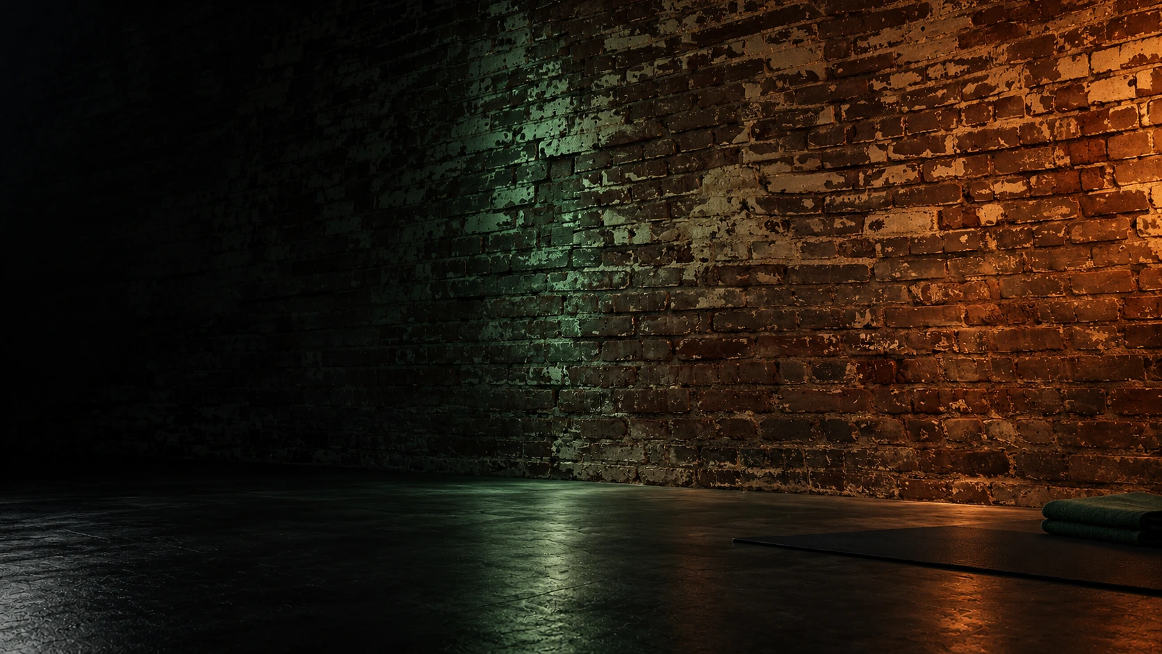 Brick movement-space concept with dramatic green and ember-orange lighting