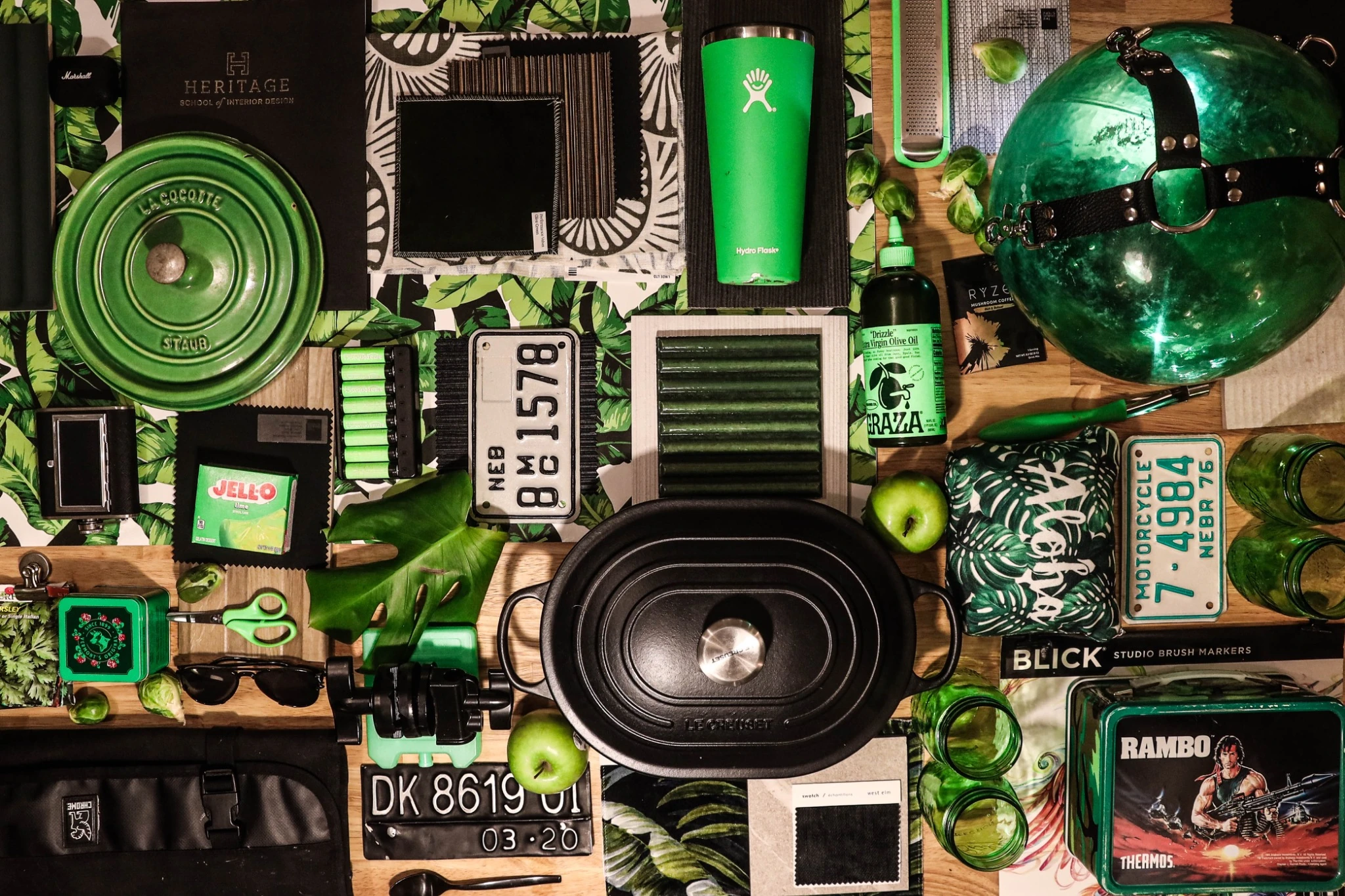 Green flat-lay composition