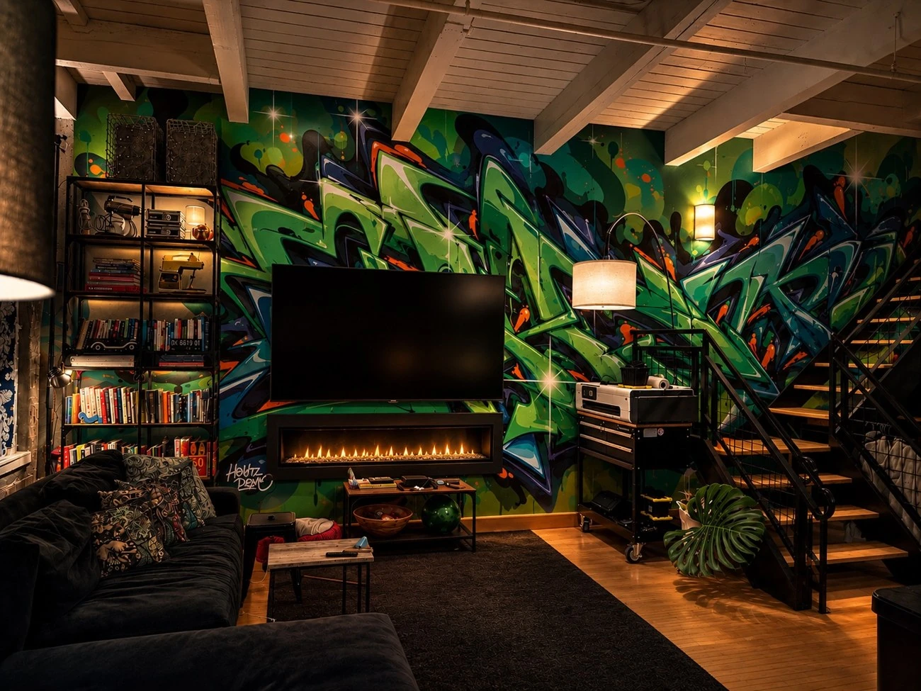 Interior concept with green graffiti, warm wood, and a fireplace